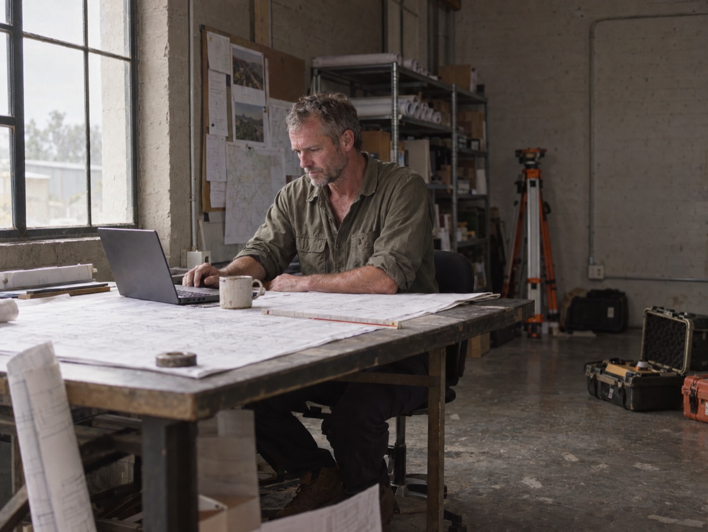 A surveyor at a drafting table in a workshop, laptop open on top of marked-up site plans, total station and equipment cases behind him